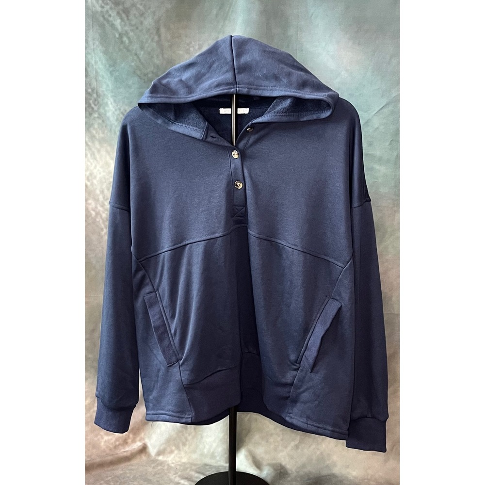 STACCATO Men's Hoodie Navy Blue Henley Pullover Patch Pocket Sweatshirt Small‎